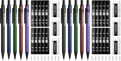 Four Candies Metal Mechanical Pencils 0.7mm, with #2 Pencil Leads 0.7, Eraser Set and Eraser Refills, 19-Count Pack with Case, Back to School Supplies for Writing, Drawing, Sketching