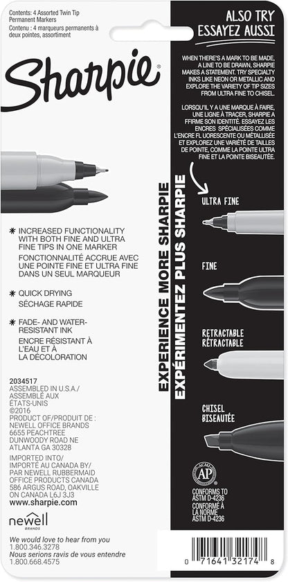Sharpie Twin Tip Permanent Markers, Fine and Ultra Fine, Black, 4 Count