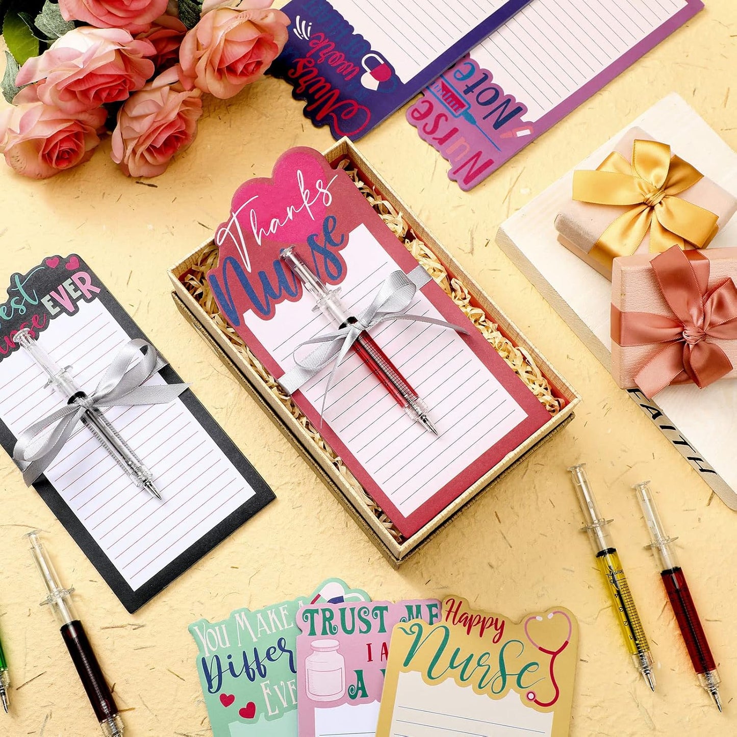 Laumoi 8 Set Funny Nurse Notepad with Pen 2026 Nurse Week Gift Bulk Nursing Sticky Note Die Appreciation Memo Pad with Syringe Ballpoint Pen for Medical Assistant Rn Cna Lrn (Novel, Bright Color)