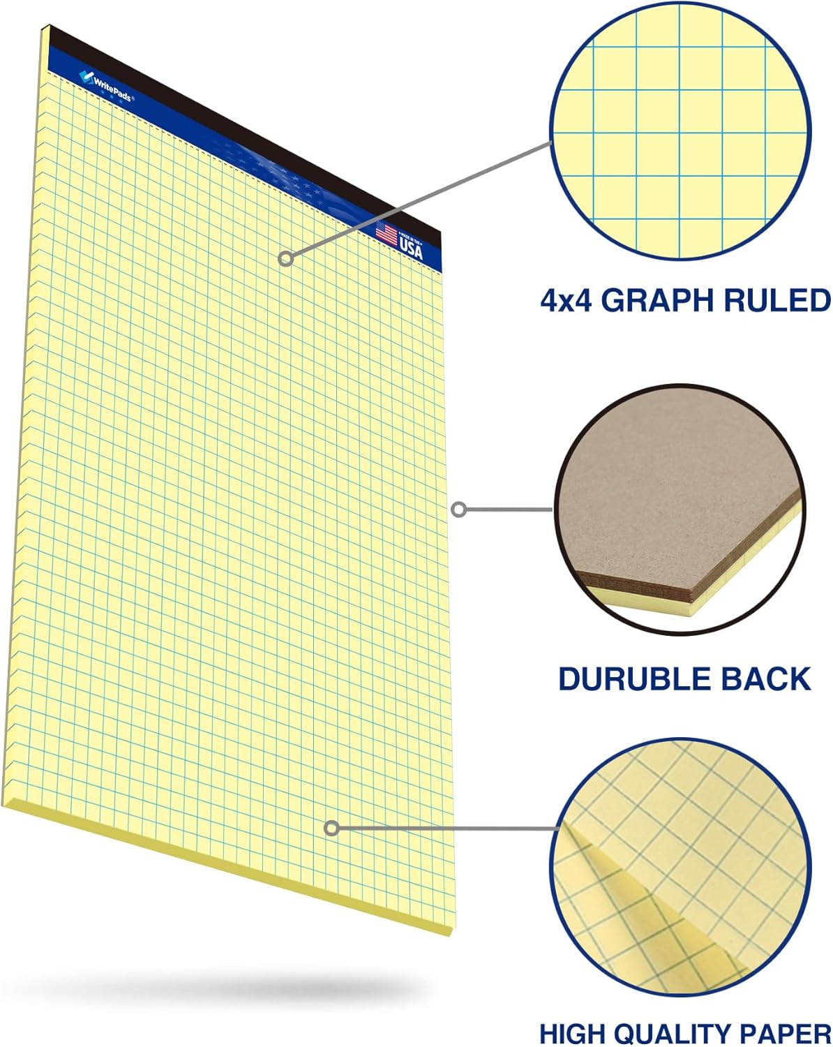 Graph Paper Pads 8.5 x 11, 4x4 Quad Ruled Graph Paper, 2 Pack, 50 Sheets Per Pad, White Graphing Paper Notebook with Sturdy Back & Micro-Perforated Pages, Made in USA, for School, Math, Drafting & Office