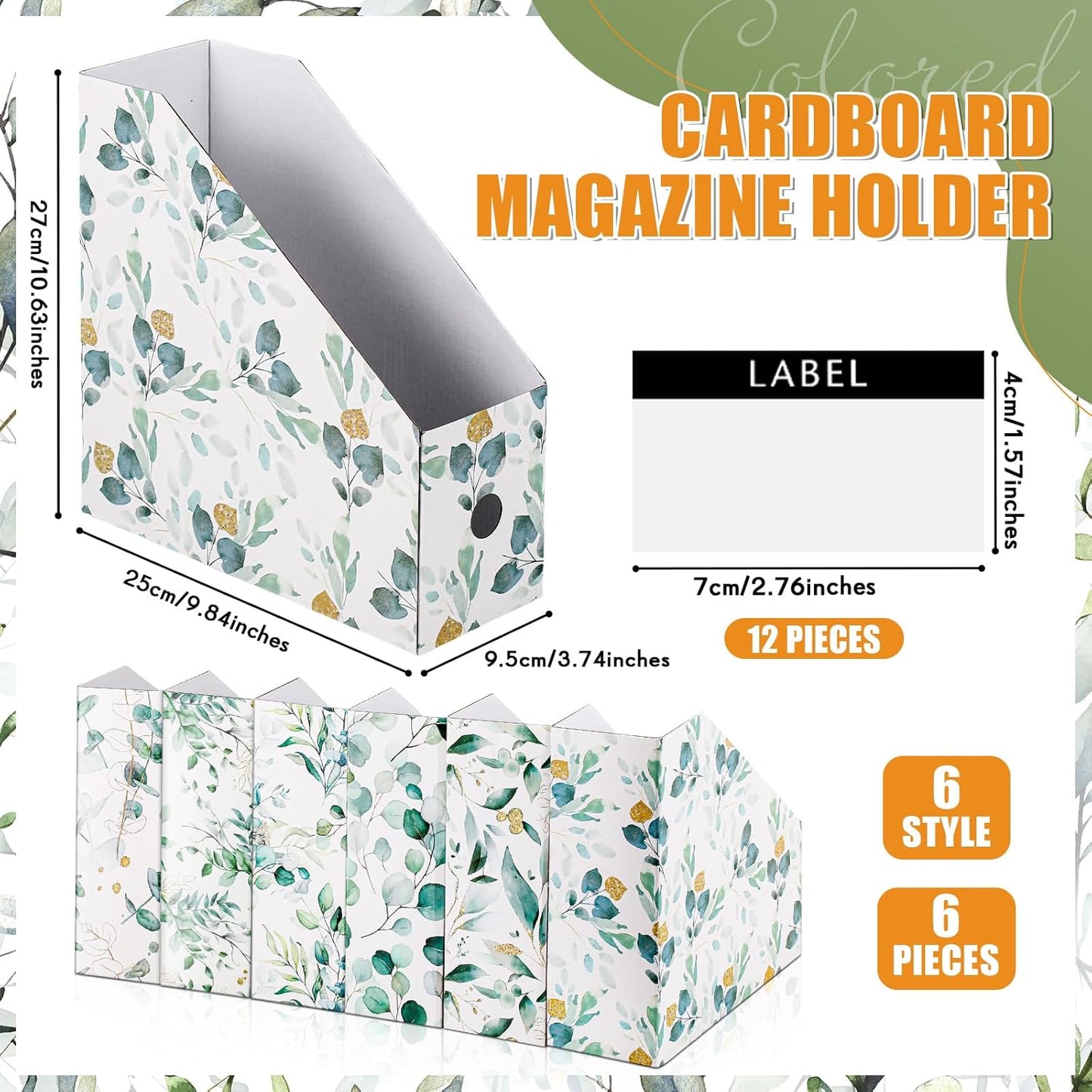 PerKoop 6 Pcs Decorative Magazine File Holders Floral Foldable File Folders Magazine Storage Boxes Rack Desk Organizer Documents with Printable Labels for School Office Home (Floral)