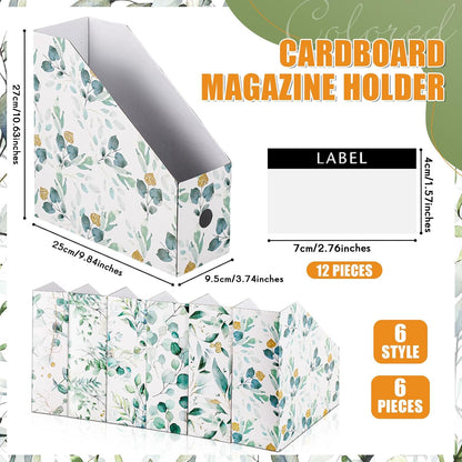 PerKoop 6 Pcs Decorative Magazine File Holders Floral Foldable File Folders Magazine Storage Boxes Rack Desk Organizer Documents with Printable Labels for School Office Home (Floral)