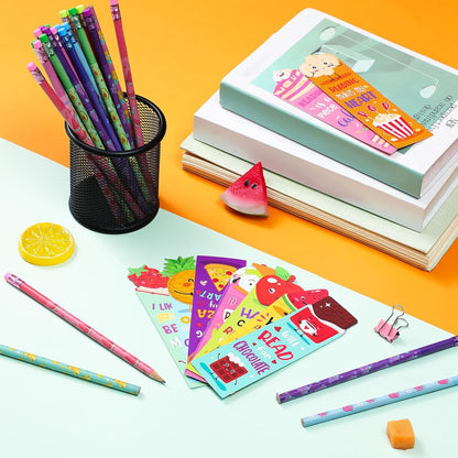 Teling 60 Pcs Inspirational Scented Pencils and Scented Bookmarks Sets Funny Smelly Pencils with Eraser Theme Bookmarks Cute Stationery Bulk for Reading Rewards Party Favors(Vivid)