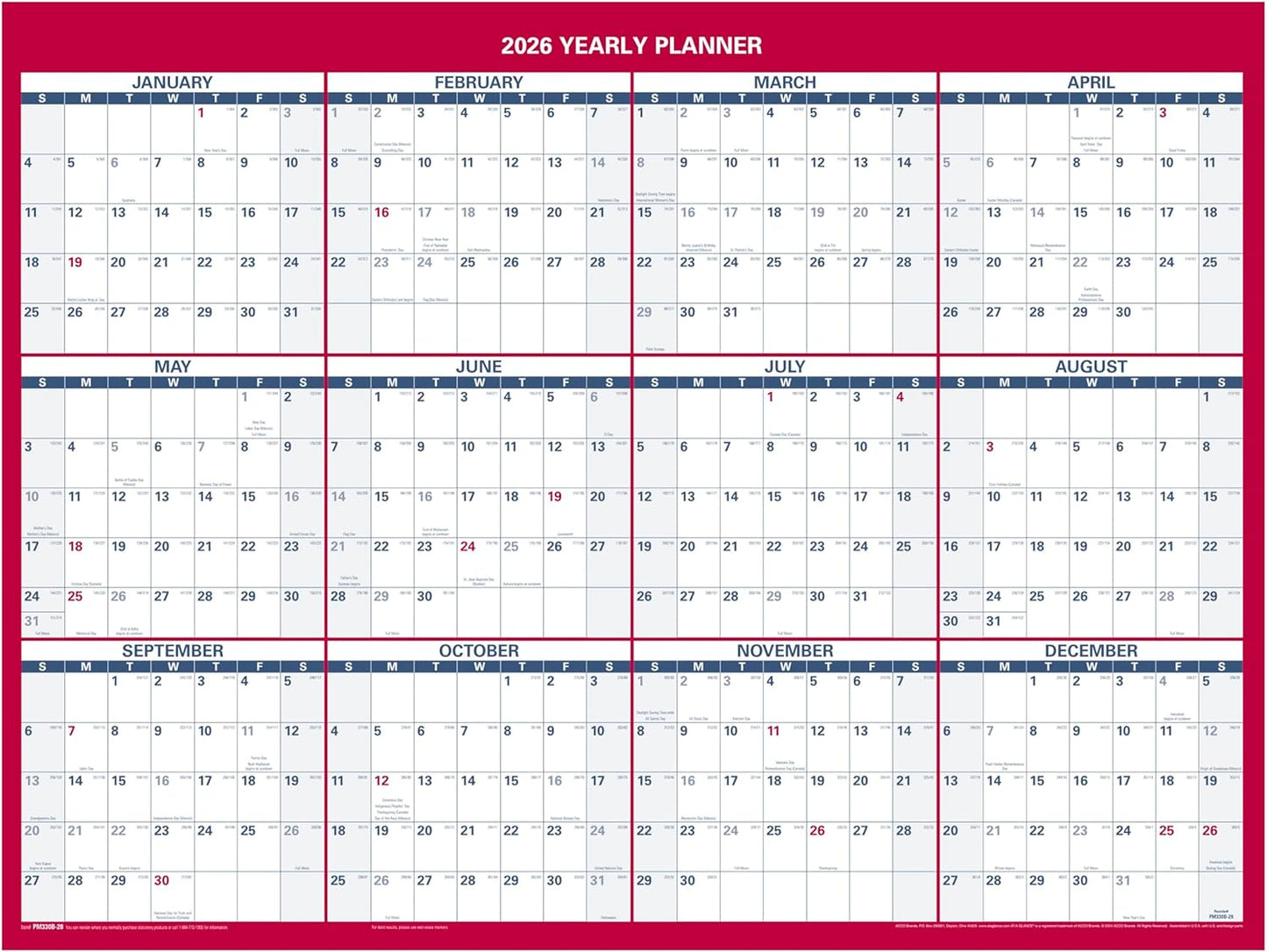 AT-A-GLANCE 2026 Erasable Calendar, Dry Erase Wall Planner, 12" x 16", Small, Vertical-Horizontal, Reversible, Compact (PM330B2826)