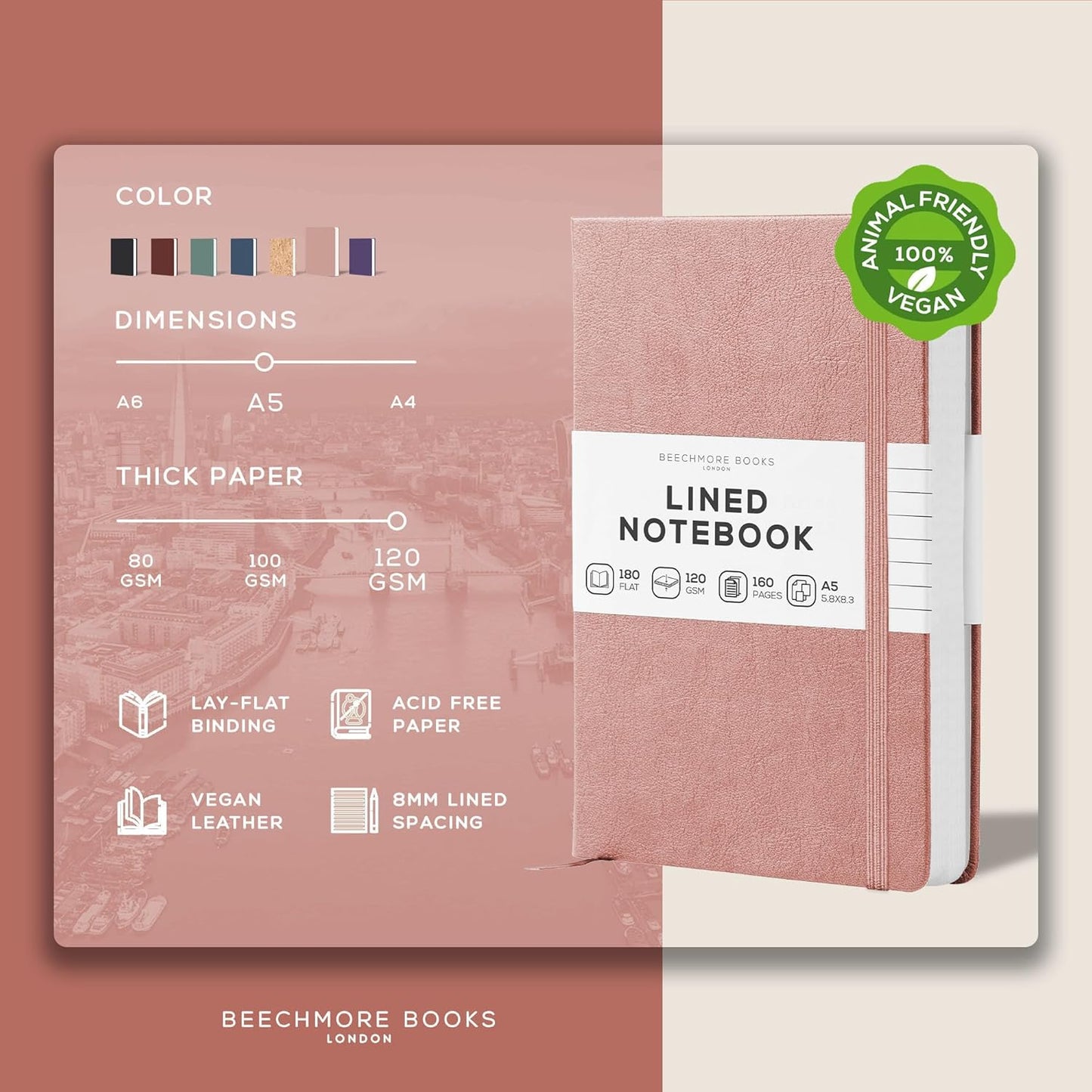 BEECHMORE BOOKS Large Lined Journal Notebook, 8.5" x 11.5" (A4) Hardcover Vegan Leather Executive Diary for Work, Thick 120gsm Paper, Lay-Flat Binding, Gift Box