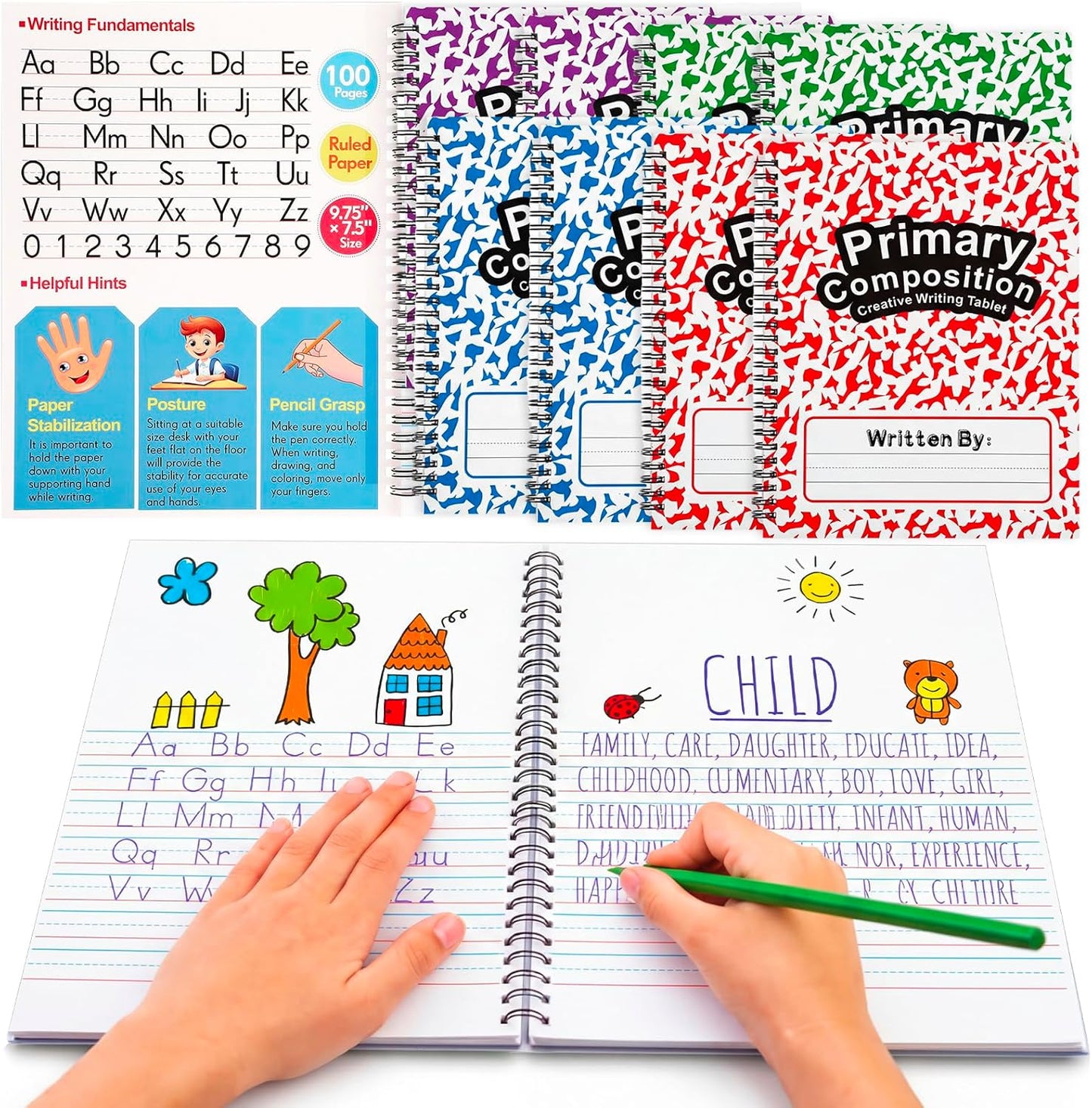 Henoyso 8 Pcs 100 Pages Spiral Primary Composition Notebook K-2 Bulk Primary Journal Drawing Handwriting Practice for Kids 4-6 Kindergarten Preschool Home School 1st 2nd Grade Student (Fresh Color)