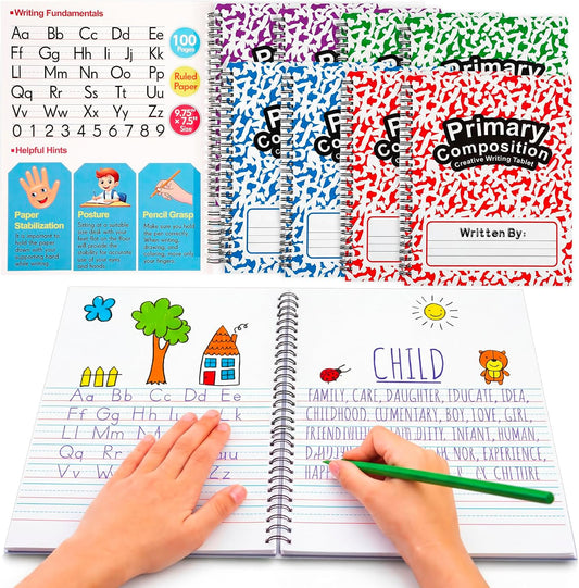 Henoyso 8 Pcs 100 Pages Spiral Primary Composition Notebook K-2 Bulk Primary Journal Drawing Handwriting Practice for Kids 4-6 Kindergarten Preschool Home School 1st 2nd Grade Student (Fresh Color)