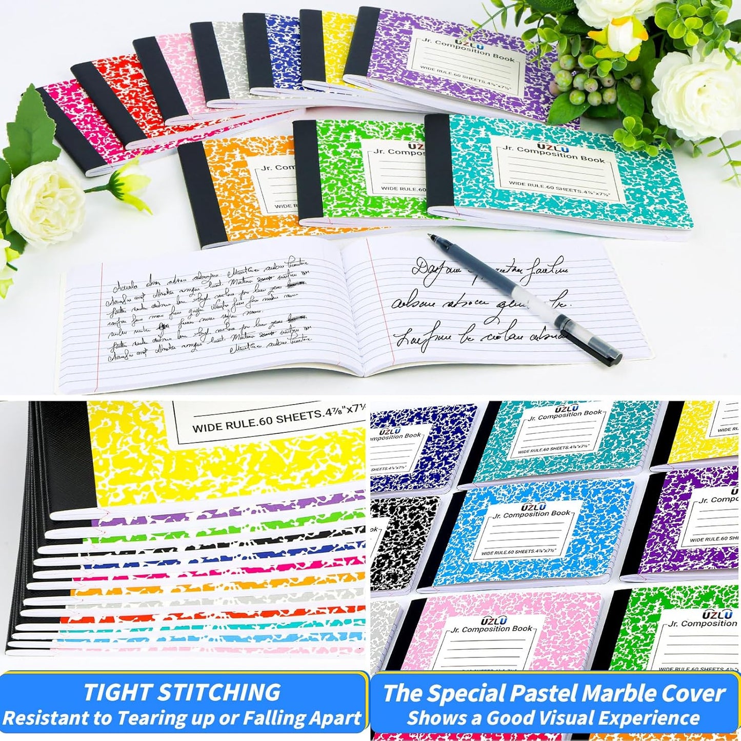 24 Pack 9.75 x 7.5 in Large Composition Notebooks Bulk 12 Color Wide Ruled Composition Books Marble Journal Notebook 60 Sheets per Book for Aldult Student College Office Back to School Supplies