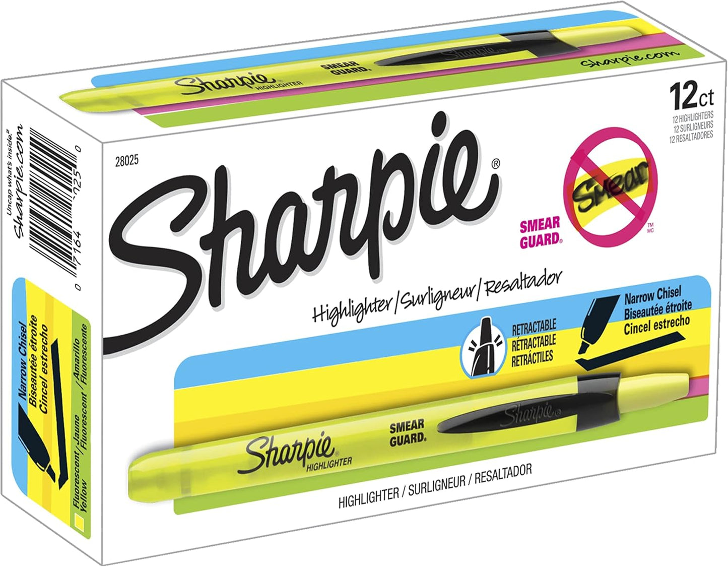 Sharpie Retractable Highlighters, Chisel Tip, Fluorescent Yellow, 12 Count