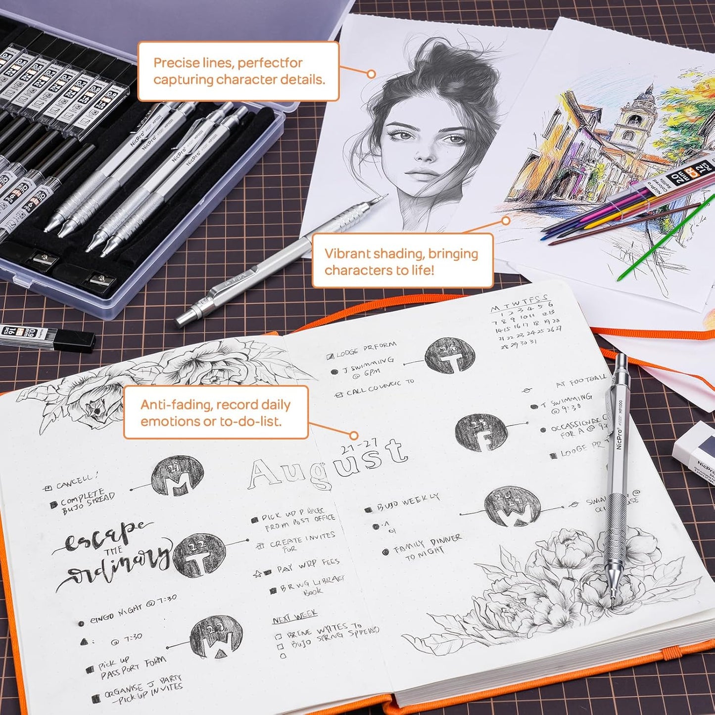 Nicpro Black Art Mechanical Pencil Set, 5PCS Metal Drafting Pencils 0.3, 0.5, 0.7, 0.9 mm & 2mm Graphite Lead Holder For Sketching Drawing With 9 Tubes (4B 2B HB 2H Colors) Lead Refills Erasers Case