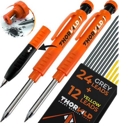 THORVALD New 3-in-1 Carpenter Pencils with Finger Grip for Construction - Incl. 7 Leads + Sharpener - Solid Mechanical Pencils with Fine Point/Best Marking tools Construction/Carpenters/Scriber