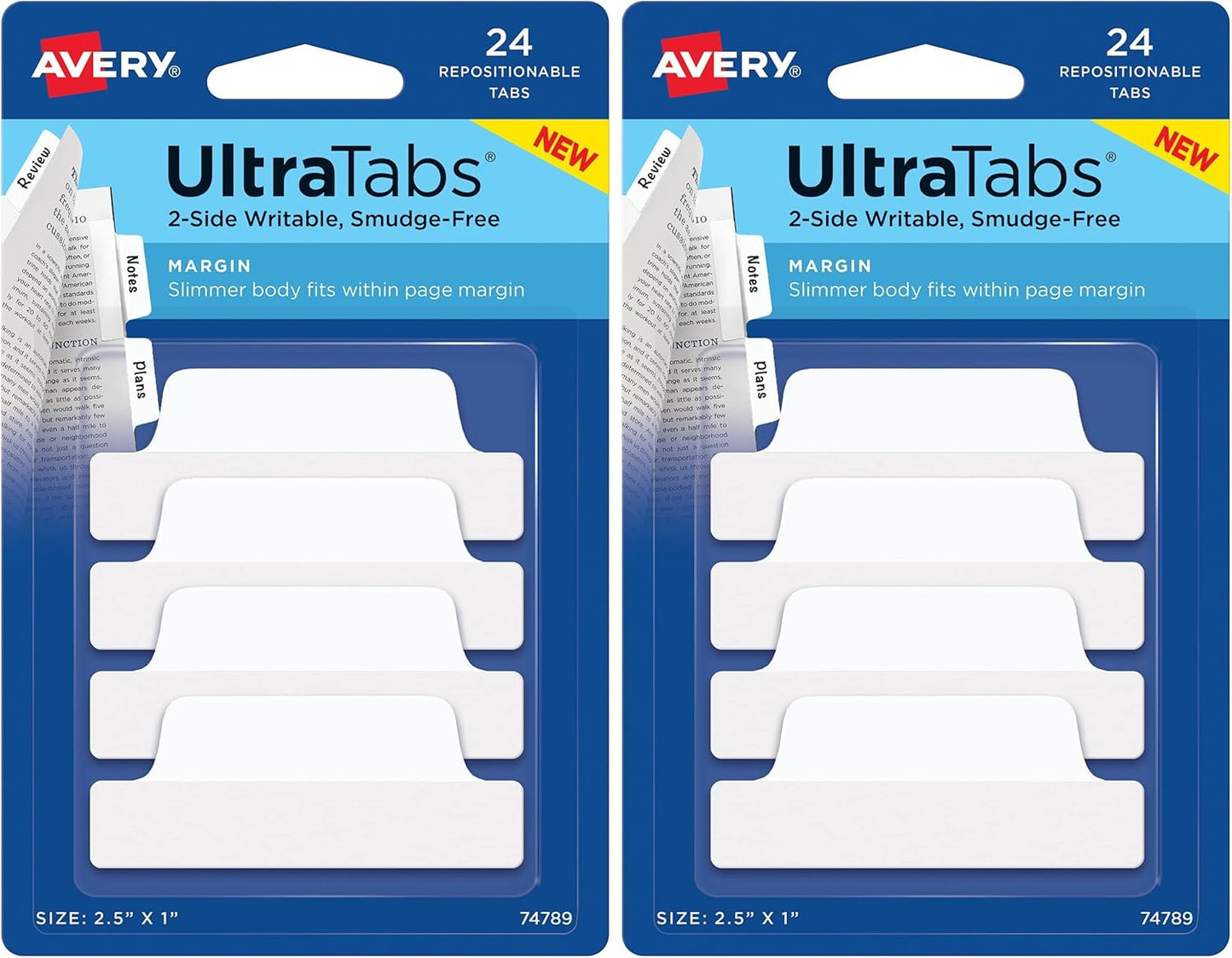 Avery Margin Ultra Tabs, 2.5" x 1", 2-Side Writable, White, 24 Repositionable Page Tabs (74789)
