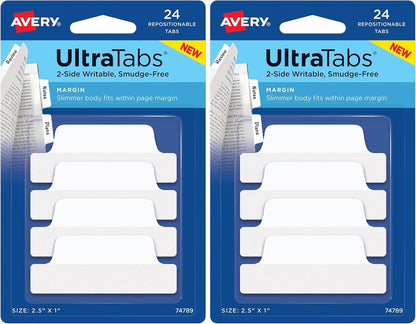 Avery Margin Ultra Tabs, 2.5" x 1", 2-Side Writable, White, 24 Repositionable Page Tabs (74789)