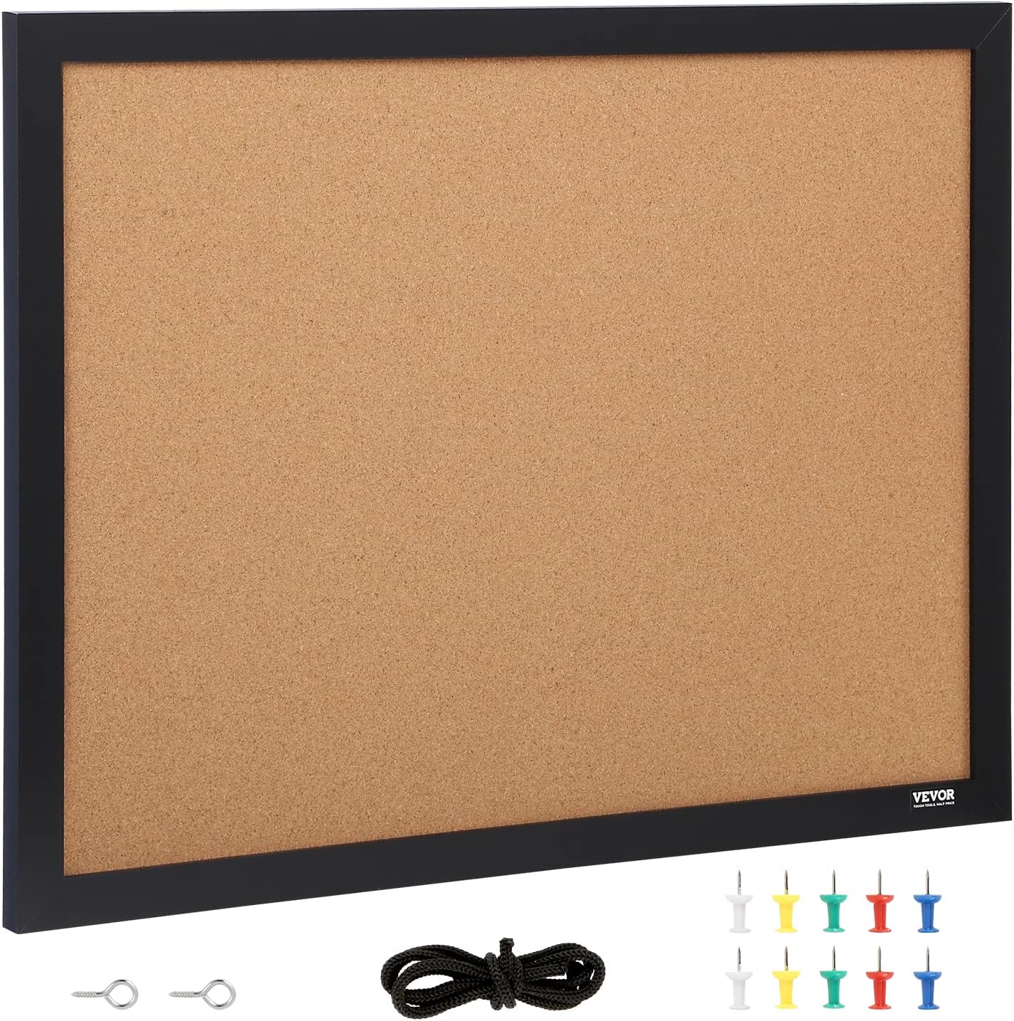 VEVOR 24 x 36 Cork Board, Large Bulletin Board with Black MDF Frame, Wall Mounted Pin Board for Office, School and Home Decor, Hanging Message Board for Pictures and Notes, 10 Push Pins Included