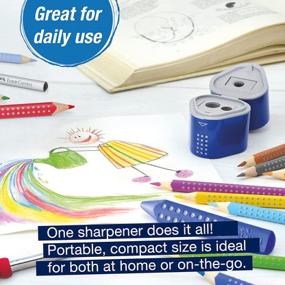 Faber-Castell Grip Trio Manual Pencil Sharpener (Red or Blue) - Graphite, Jumbo and Colored Pencil Sharpener