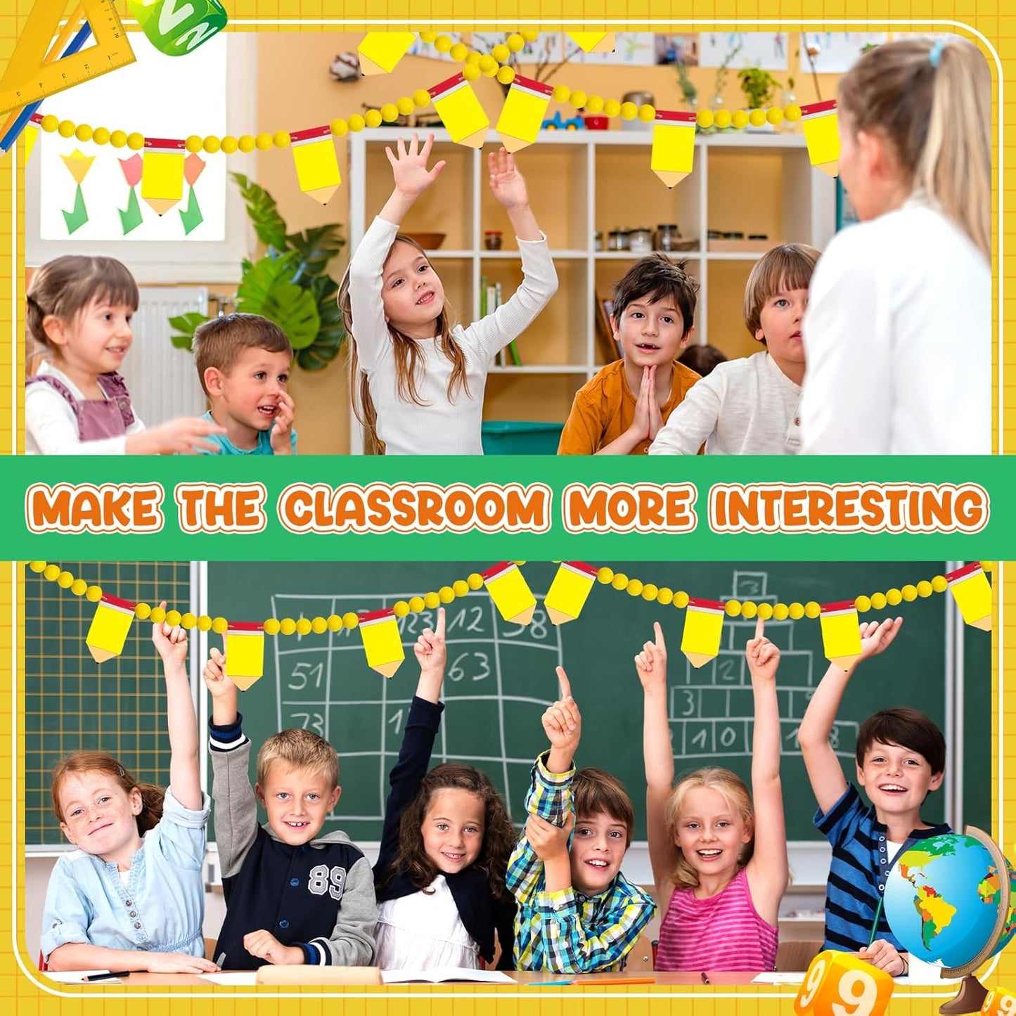 8.2 Ft Pencil Wooden Garland Graduation Yellow Pencil Banners with Cute Beads Hanging Ornaments for Kindergarten Classroom Office Home First Day of School Party Decor