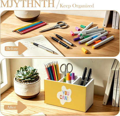 Don't Overthink It Inspirational Pencil Pen Holder for Desk, Pink Positive Affirmations Wooden Box Sign Pen Holder Organizer for Home Office School Desk Accessories
