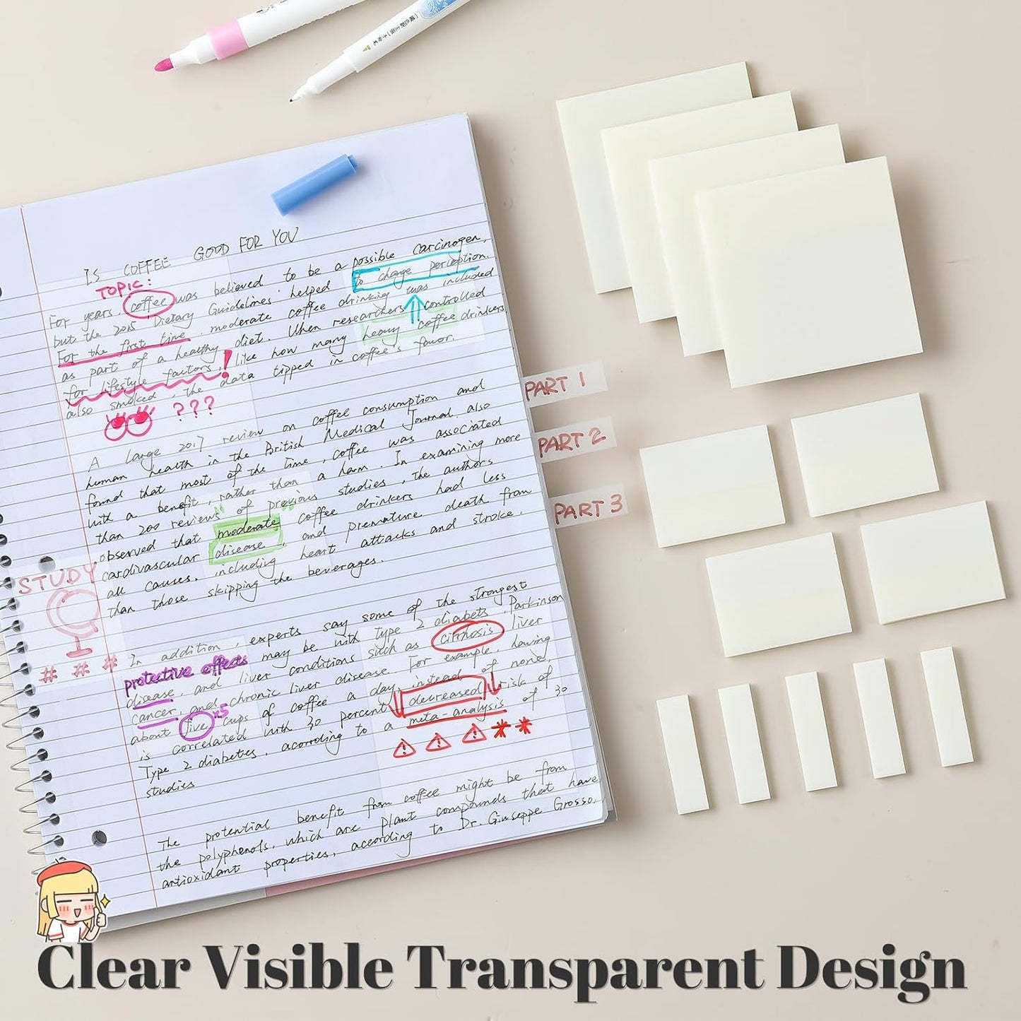 Transparent Sticky Notes - Pastel Color Clear Sticky Notes, 3x3 inch, Waterproof, 300 Sheets for College, School & Office