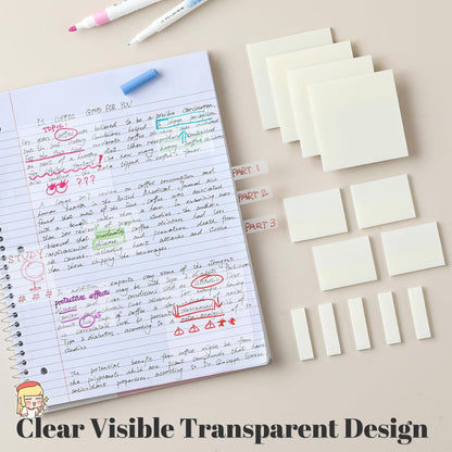 Transparent Sticky Notes - Pastel Color Clear Sticky Notes, 3x3 inch, Waterproof, 300 Sheets for College, School & Office