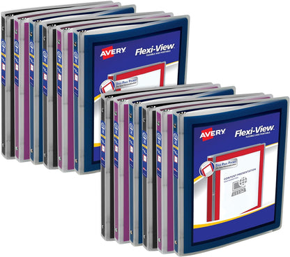 Avery Flexi-View 3 Ring Binders, 1/2 Inch Round Rings, Assorted Colors (Black, Burgundy, Navy Blue), Pack of 12 Binders (15760)