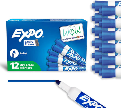 EXPO Dry Erase Markers, Low Odor Ink, Blue, Bullet Tip, 12 Count - Whiteboard, Calendar, Organization, Essential Supplies for Office, School, Classroom, Teachers