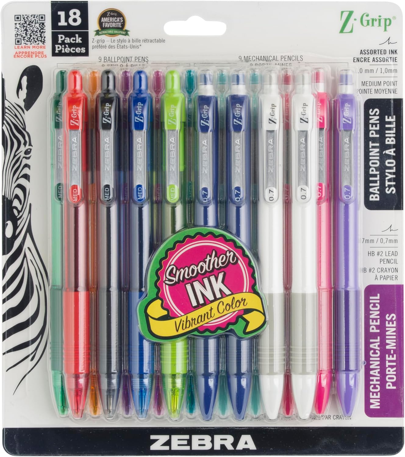 Zebra Pen Z-Grip Retractable Ballpoint Pen, Smooth-Flowing Black Ink, 1.0mm Medium Point, School & Office Supplies, Ideal for Note-Taking, Journal and Planner Use, 18-Pack (22218)