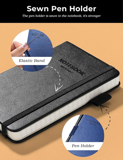 AISBUGUR Pocket Notebook Small Notebook 2-Pack, 3.7" x 5.7" Pocket Notebooks Hardcover with Thick Lined Paper, Inner Pockets, Cover Letter Embossing Design Mini Journal Notepad Black+Brown