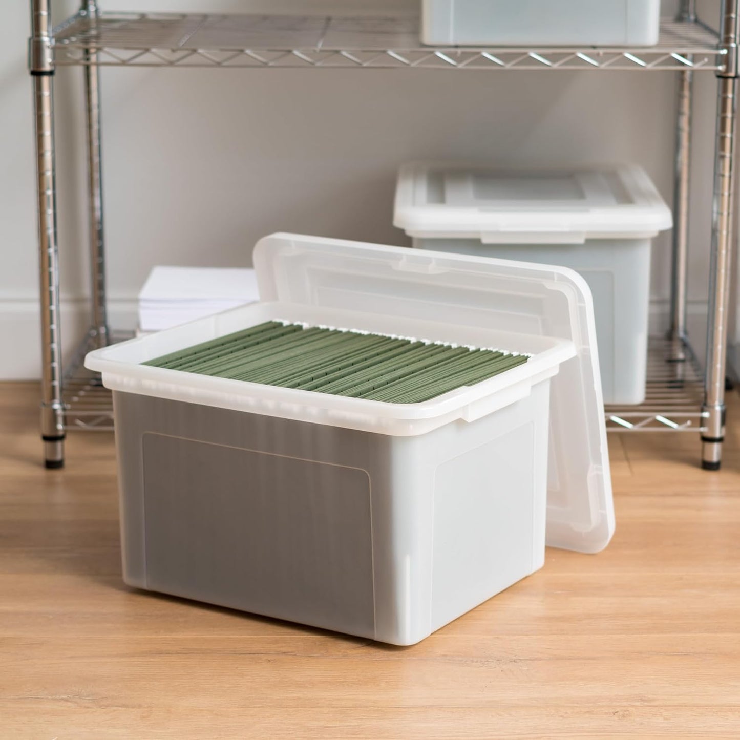 IRIS USA File Box, Plastic File Organizer with Lids for Letter/Legal File, Portable Document Box For Moving, Storage Bin with Durable and Secure Lid, Stackable Nestable BPA-Free, Clear 35 Qt. 4 Pack