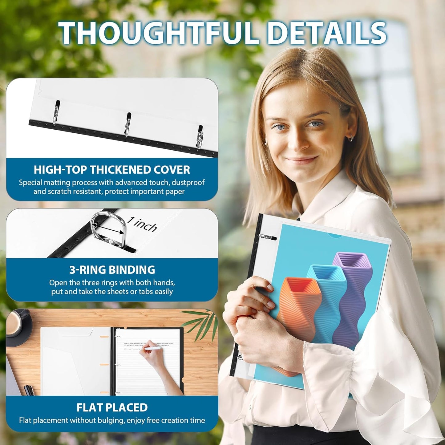WOT I 1 Inch Telescoping 3 Ring Binder 4 Pack, Expandable Flexible Binder with Customizable Front Cover & Clear Catalog Pocket, Holds 225 Sheets, School Office Supplies, White