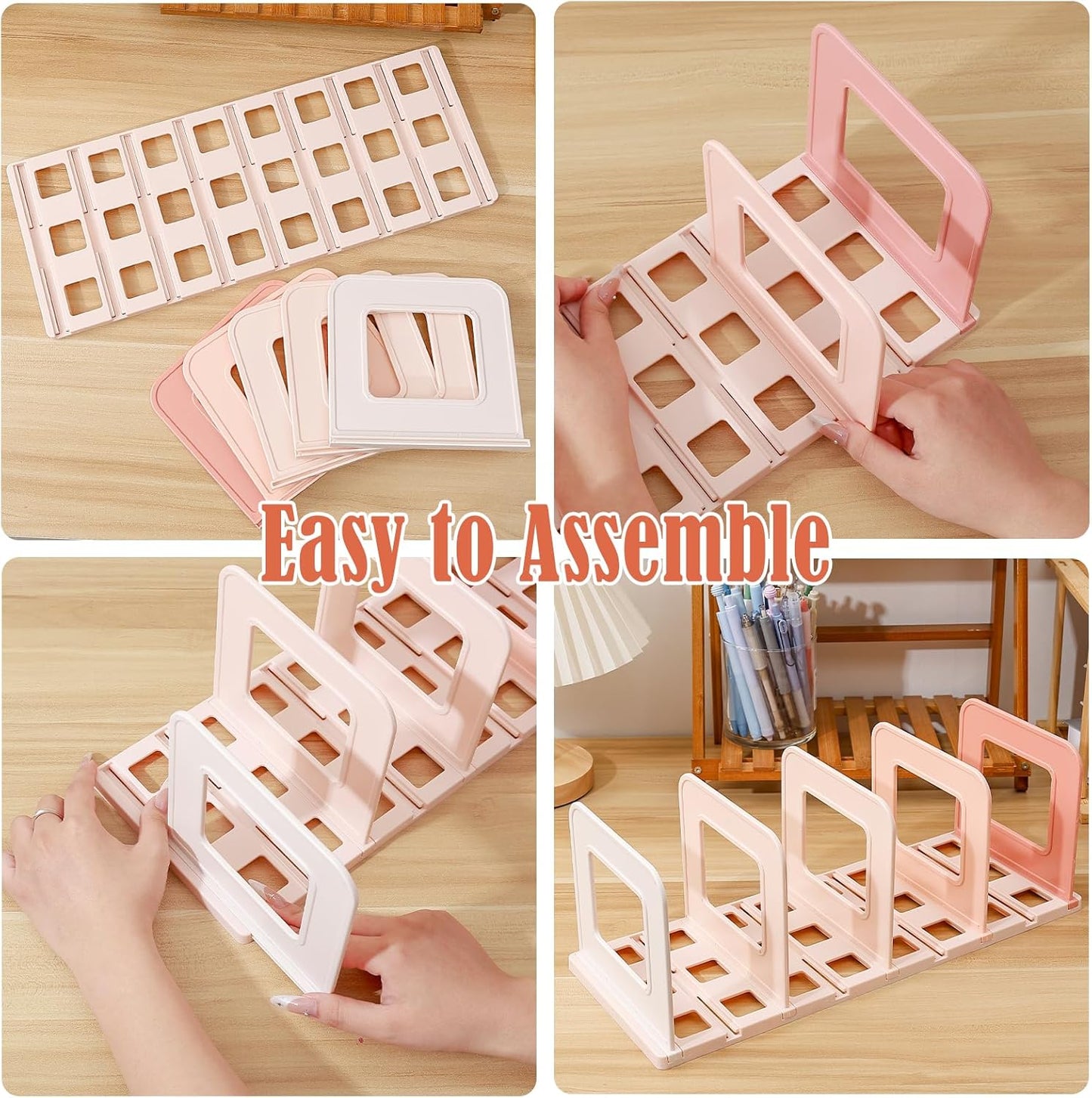 BAYTORY Gradient Desk File Holder, Vertical File Organizer with Adjustable Dividers, Desktop Book Organizer, Binder Shelf for Office Desk (4 Slots, Pink)