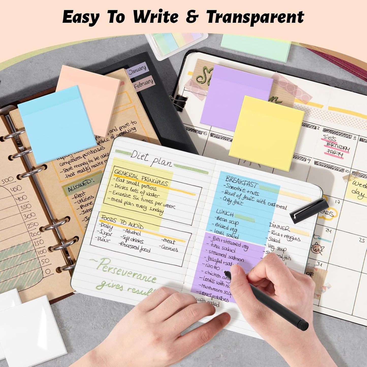 800 Sheets Transparent Sticky Notes, 3x3 Inch 14 Pads Self-Adhesive Translucent Clear See Through Post Sticky Notes for Planner Office School College Teacher Student Supplies 6 Bright Color