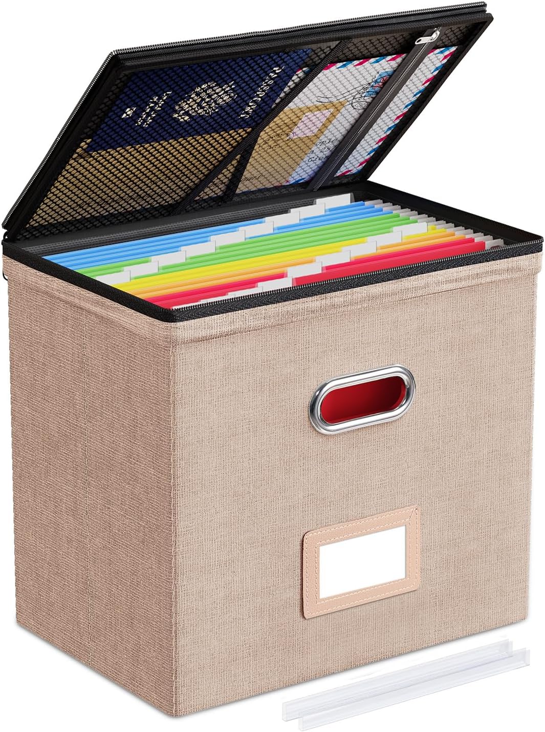 Oterri 2 Pack File Organizer Boxes with Lids, File Box with Mesh Pockets, Document Organizer Box for File Folders Letter Size, Zippers Filing Box for Home, Office, School (Green, Without Folders)