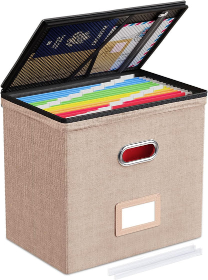 Oterri 2 Pack File Organizer Boxes with Lids, File Box with Mesh Pockets, Document Organizer Box for File Folders Letter Size, Zippers Filing Box for Home, Office, School (Green, Without Folders)