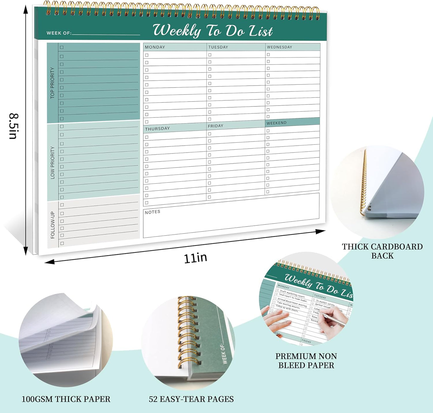 Kamoy Weekly To Do List Notepad with 52 Undated Sheets（8.5"×11"）- Undated Weekly Desk Planner Organizer for Work Home School Office Supplies