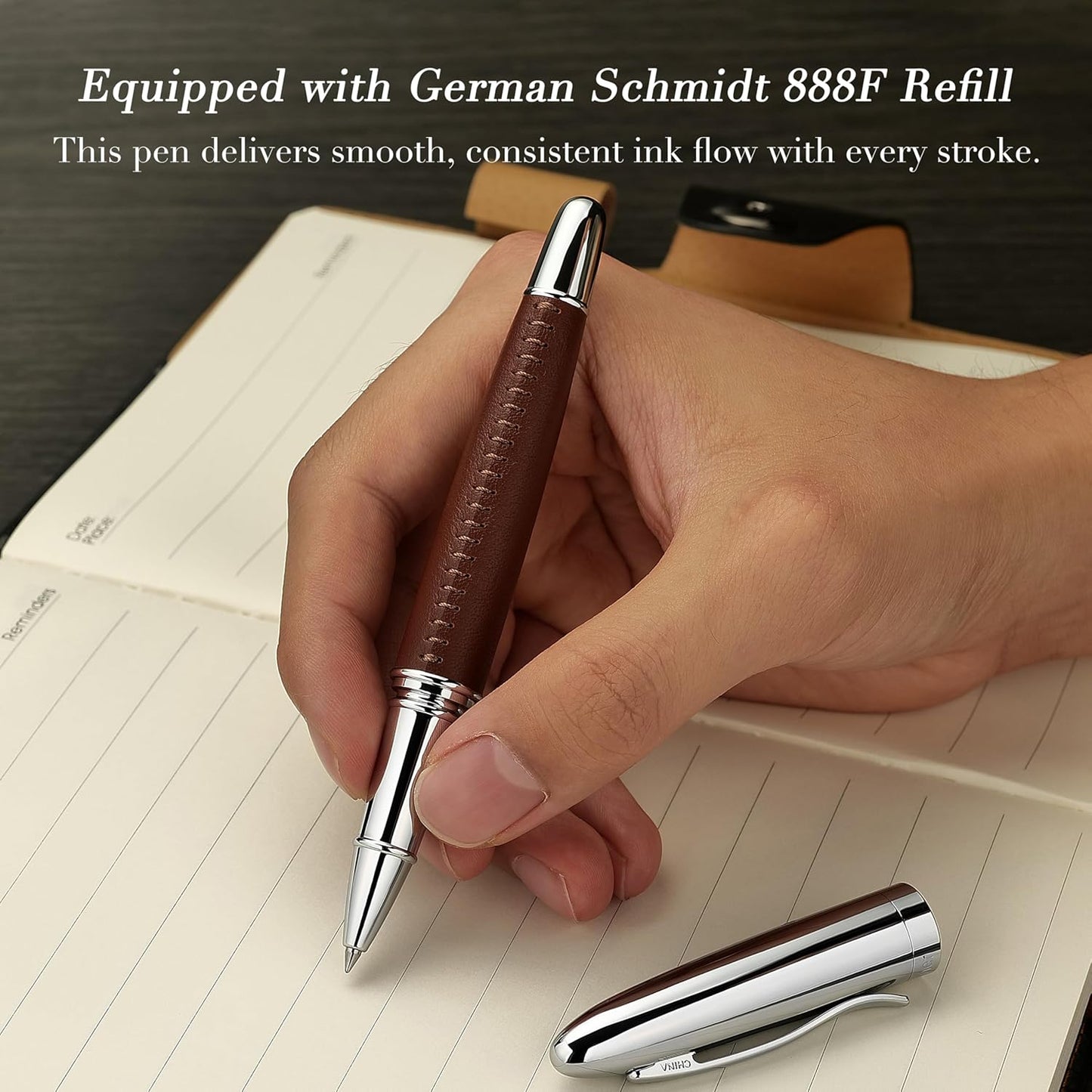 BEILUNER 318 Luxury Leather Pen, Hand-Stitched Premium Leather, Chrome-Plated Finish, Schmidt Ink Refill, Best Rollerball Pen Gift for Men & Women, Refillable, Executive Writing, Nice Pens