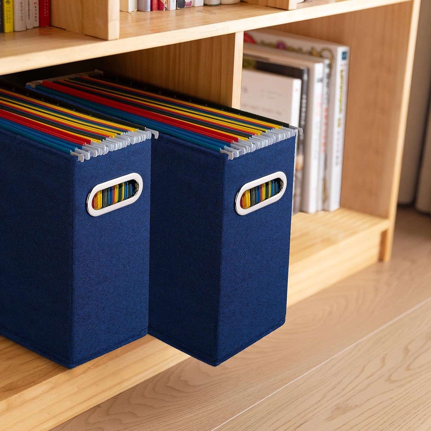 4 Pack Letter Size File Storage Box Collapsible, Fabric Hanging File Folders Organizer, Portable Office Document Holder with Metal Handle, Smooth PVC Rails, Beige