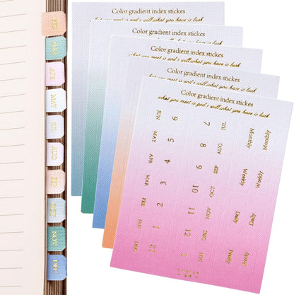 OIIKI 180pcs Planner Monthly Tabs, Self-Adhesive Index Tabs Stickers, Gradient Sticky Page Markers Labels for Document Notebooks Books Project Binders Office- 5 Colors(D Style)