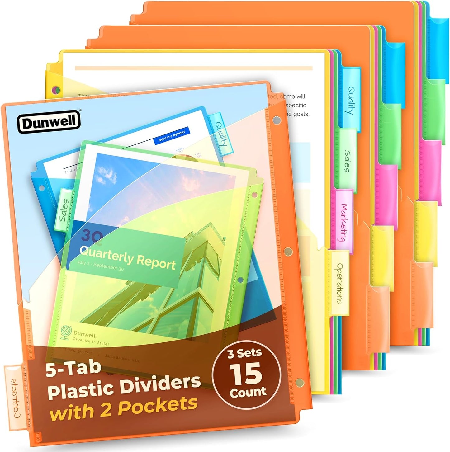 Dunwell 5-Tab Dividers with Pocket for 3-Ring Binders (3 Sets, 15 Count), Plastic One Pocket Dividers with Tabs, Slash File Jackets 3 Hole Punched for 8.5x11 Paper, Poly Pocket Notebook Dividers