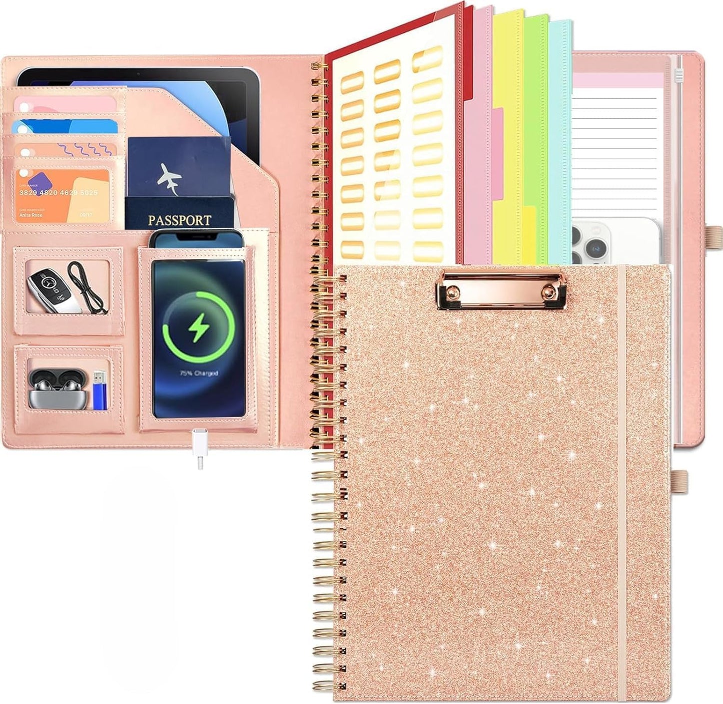 Grey Foldable Spiral Clipboard Folio with Storage Zipper Pouch, 5 Plastic Folders with Pockets,Refillable Lined Notepad (8.5" x 11"), Hardcover Project Organizer with 39 Stickers