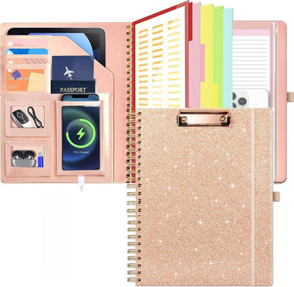Grey Foldable Spiral Clipboard Folio with Storage Zipper Pouch, 5 Plastic Folders with Pockets,Refillable Lined Notepad (8.5" x 11"), Hardcover Project Organizer with 39 Stickers