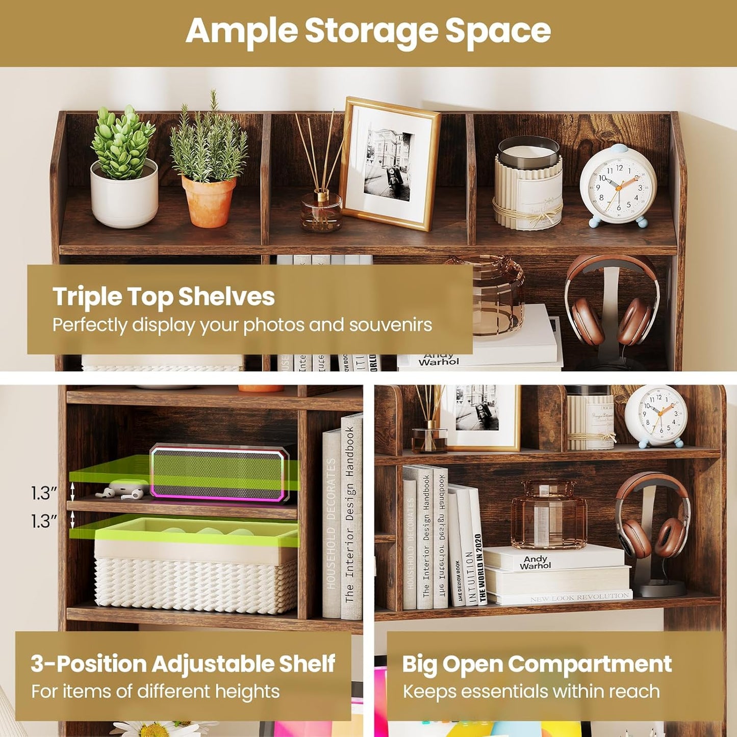 Tangkula Desktop Bookshelf, Countertop Storage Hutch with 5 Shelves for Computer Desk, Desk 3-Tier Display Rack, Multipurpose Wood Desktop Hutch Storage Organizer for Dorm Office Home