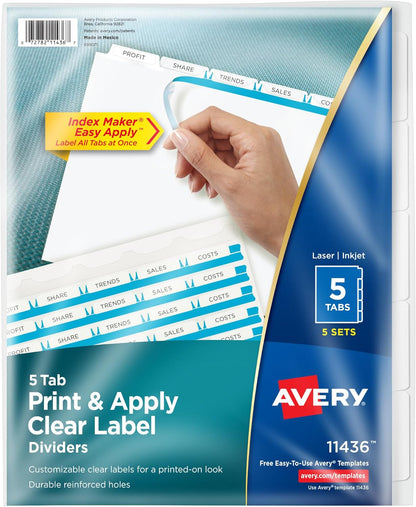 Avery 5 Tab Dividers for 3 Ring Binder, Easy Print & Apply Clear Label Strip, Index Maker Customizable White Tabs, 25 Sets (11446)