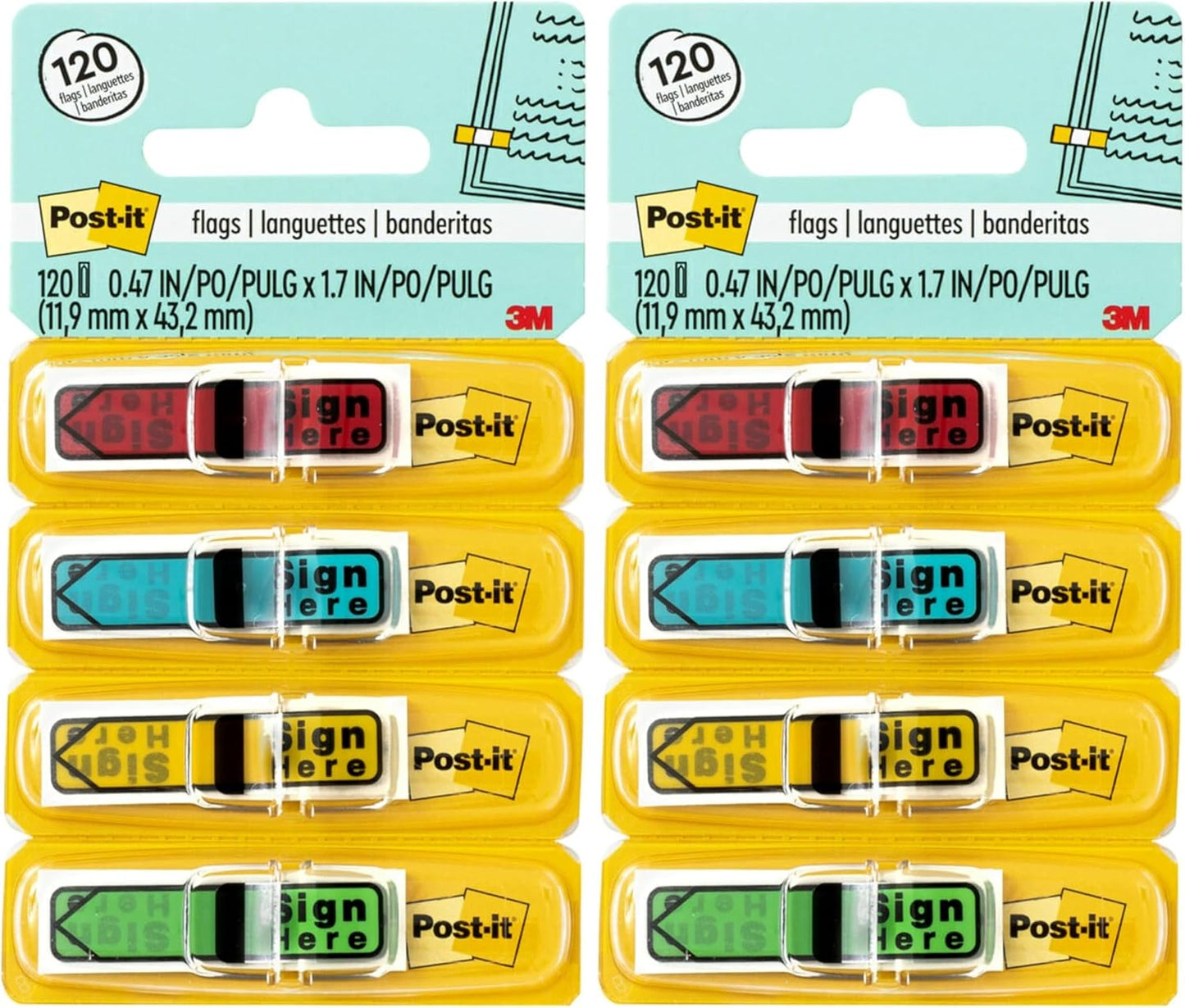 Post-it Message Sign Here Flags, 30/Dispenser, 4 Dispensers/Pack, .47 in Wide, Assorted Colors (684-SH)