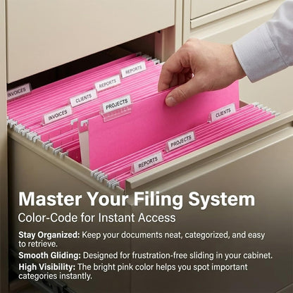 VZCPYTPM 25 Pack Hanging File Folders Letter Size,Pink Reliable Hanging Folders for Filing Cabinet,Reinforced Rods for Smooth Gliding,Includes 1/5 Adjustable Tabs & Inserts,Ideal for Home & Office