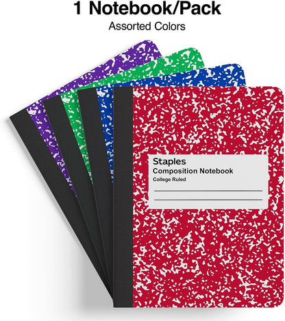 STAPLES Composition Notebook, 9.75” x 7.5”, College Ruled, 100 Sheets, Assorted Colors, 48/Carton
