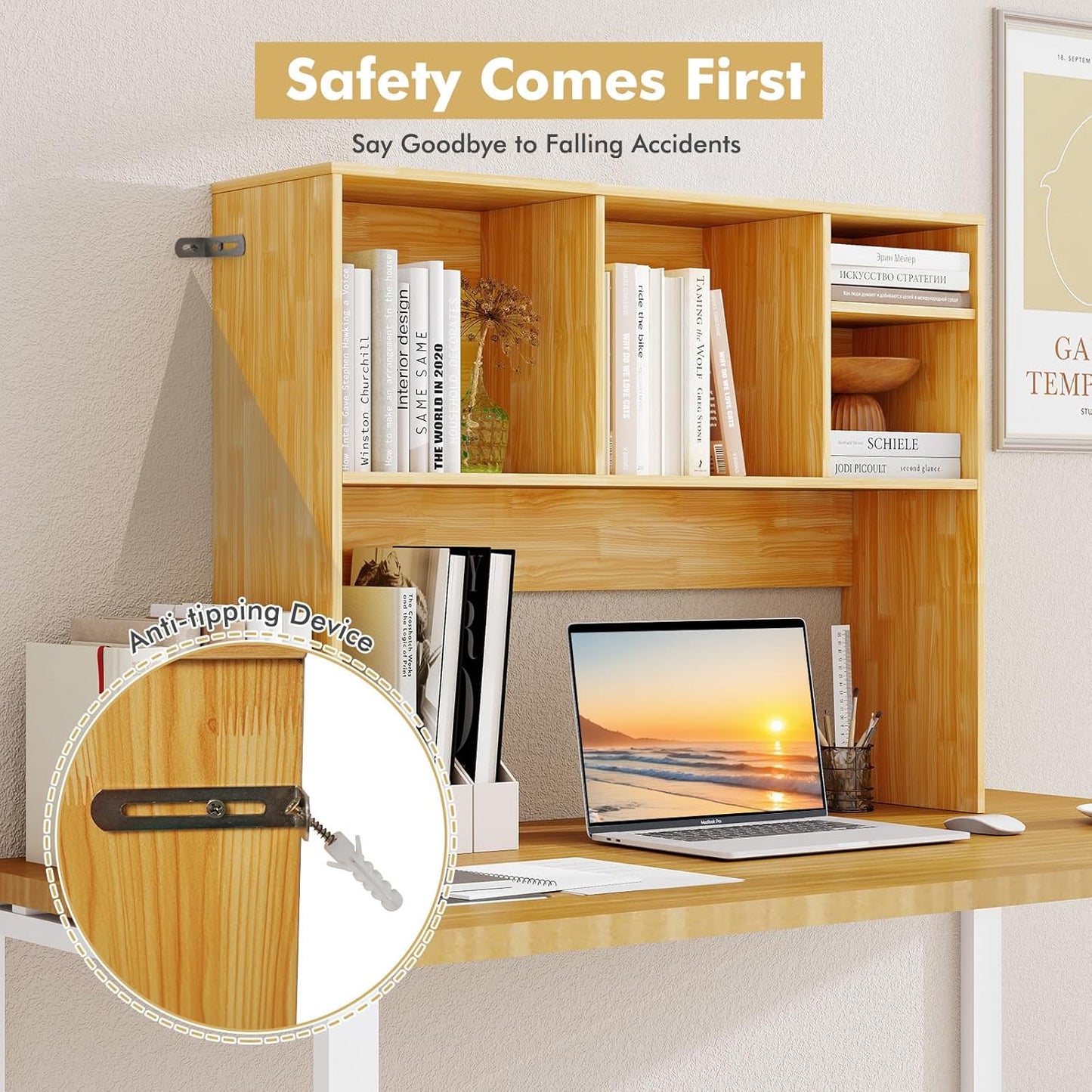 Tangkula Desktop Bookshelf, Countertop Storage Hutch with 5 Shelves for Computer Desk, Desk 3-Tier Display Rack, Multipurpose Wood Desktop Hutch Storage Organizer for Dorm Office Home