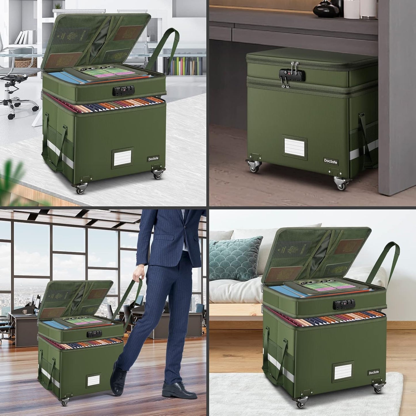 DocSafe Fireproof Document Box with Lock,2-Layer File Box with Wheels,Collapsible File Storage Organizer with Pockets,Large Portable Home Filing Cabinet for Hanging Folders,Black,16''x13.8''x12.2''