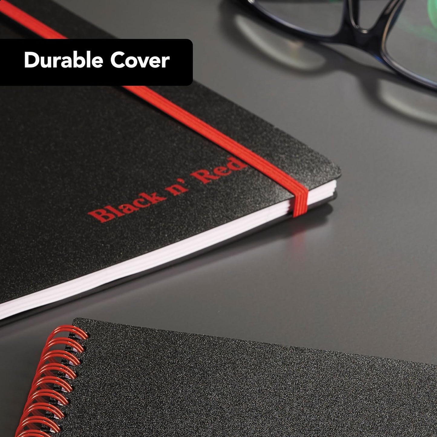 Black n' Red Notebook, Business Journal, 11" x 8", 70 Sheets, Ruled, Optik Paper, Scribzee App, Flexible Poly Cover, Wirebound, Black (K67030)