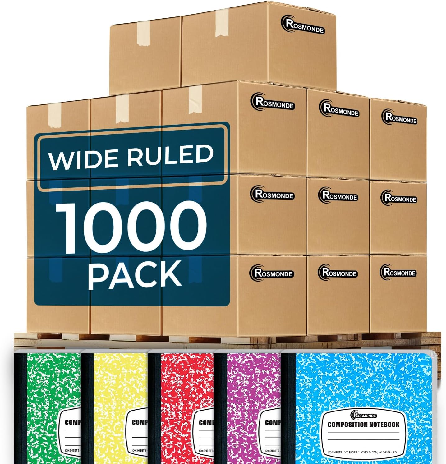 Rosmonde 50 Pack Composition Notebooks Bulk, Wide Ruled Composition Notebook, 200 Pages (100 Sheets), 9-3/4 x 7-1/2, Black Marble, Bulk School Supplies, Office Notebooks, Bulk Notebooks for School