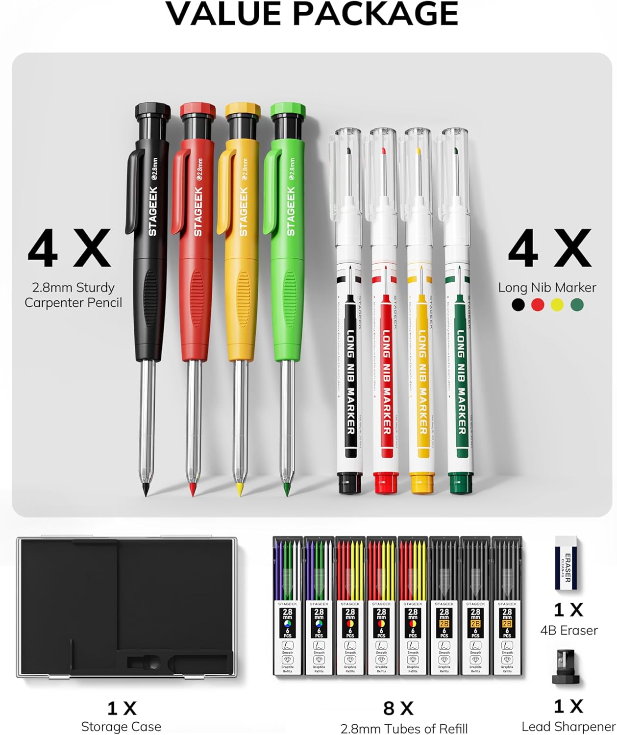 Carpenter Pencils with Sharpener, 2.8mm Mechanical Pencil Set with 26 Refills, Waterproof Deep Hole Long Nib Marker for Architect Marking, Heavy Duty Woodworking Tools for Construction Electricians